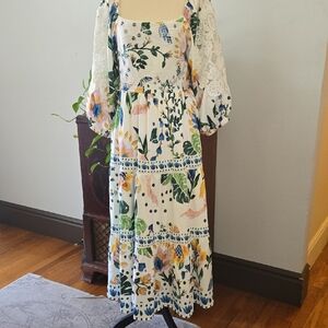 Floral White Dress with Lace Sleeves